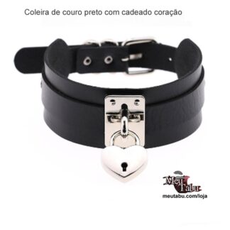 Coleira de couro preto com cadeado coração meutabu.com