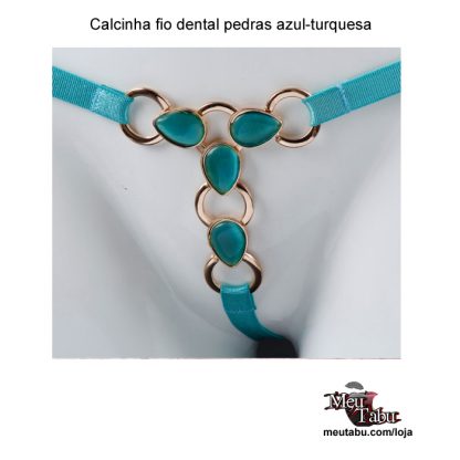 Calcinha fio dental pedras azul-turquesa