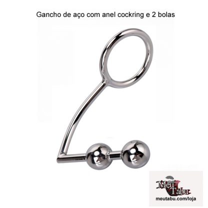 Gancho de aço com anel cockring e 2 bolas meutabu