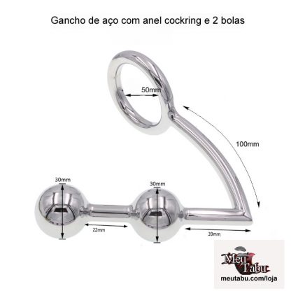 Gancho de aço com anel cockring e 2 bolas meutabu