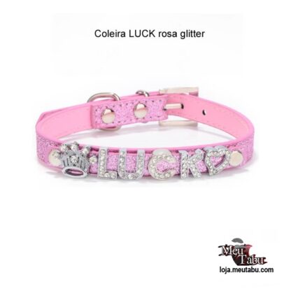 Coleira LUCK rosa glitter meutabu.com