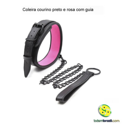 Coleira courino preto e rosa com guia