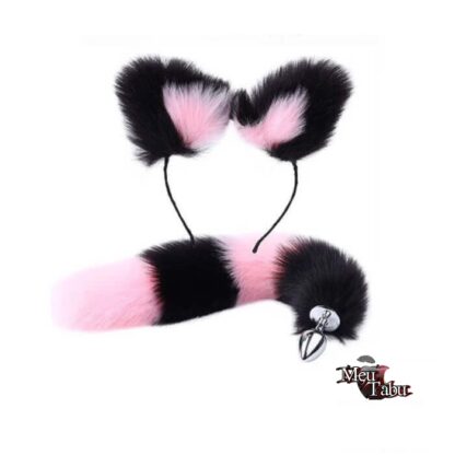 Kit orelhas e rabo rosa preto plug 7 cm * 2,7 cm meutabu