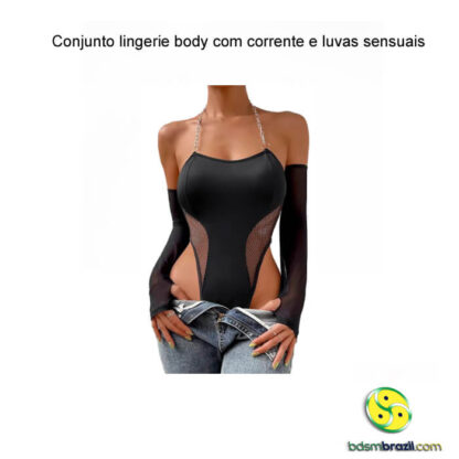 Conjunto lingerie body com corrente e luvas sensuais - Imagem 2