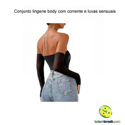 Conjunto lingerie body com corrente e luvas sensuais - Imagem 3