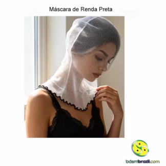 Máscara de renda branca com capuz em poliéster, 4 cores disponíveis. Elegante e misteriosa para BDSM, cosplay e eventos.